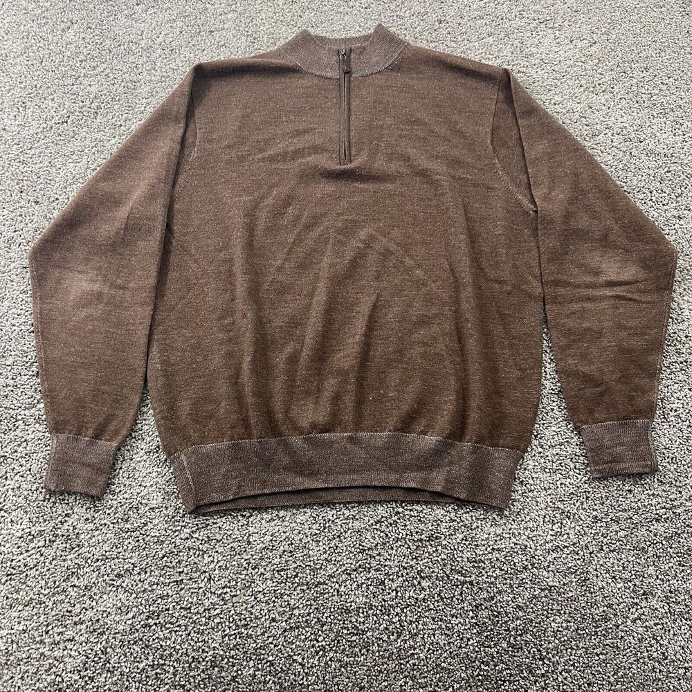 Peter Millar Wool Sweater Mens Large‎ Brown 1/4 Zip Mock Neck Classic Comfort